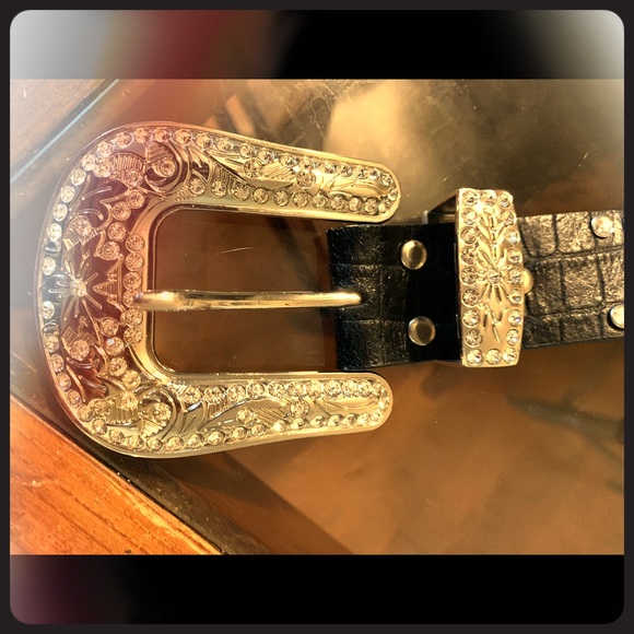 SOLD Belt Brown Leather Rhinestone Turquoise - Picture 3 of 4